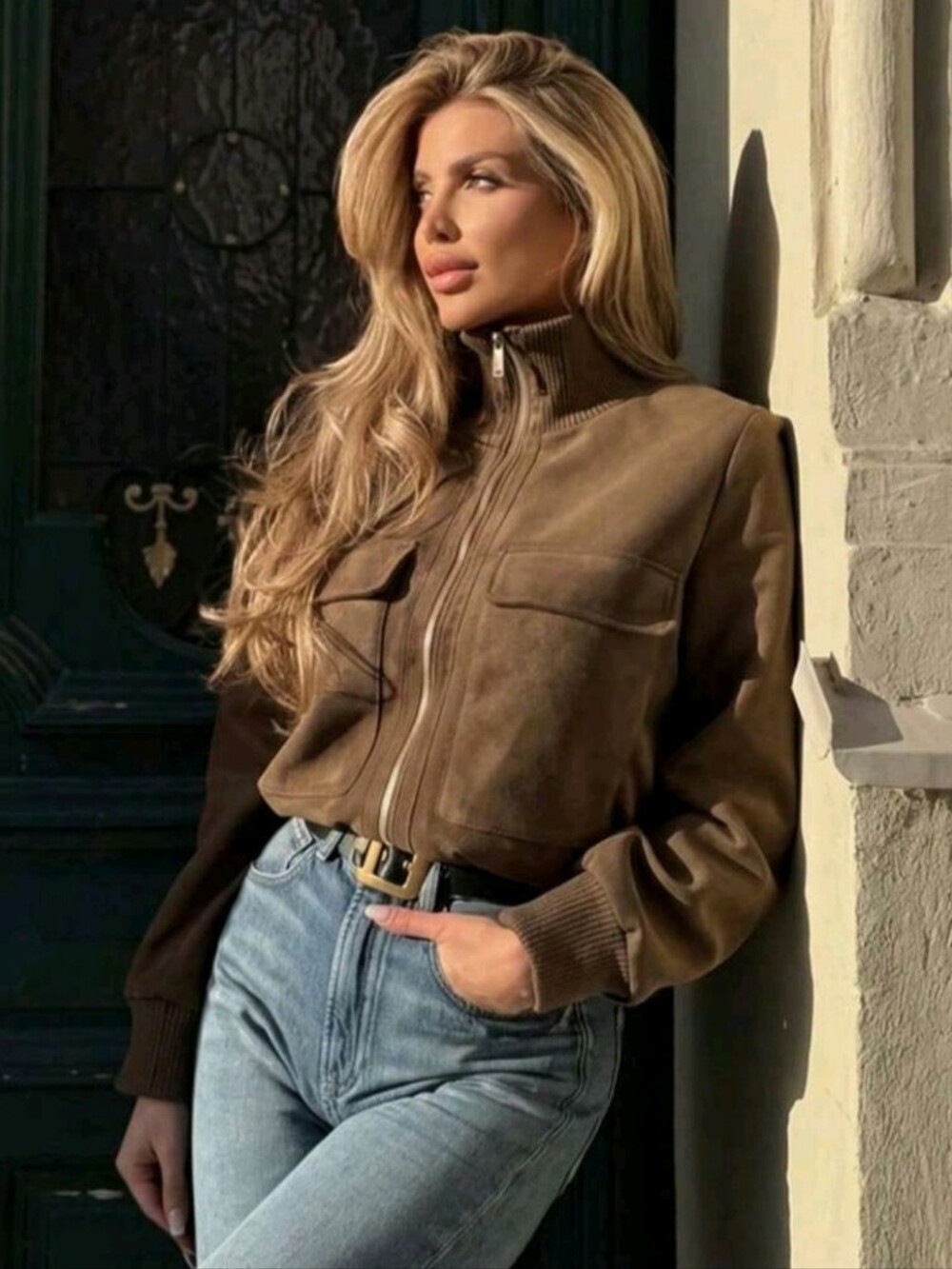 Women Faux Suede Cropped Bomber Jacket Ribbed Collar Zip Up Pocket Coat